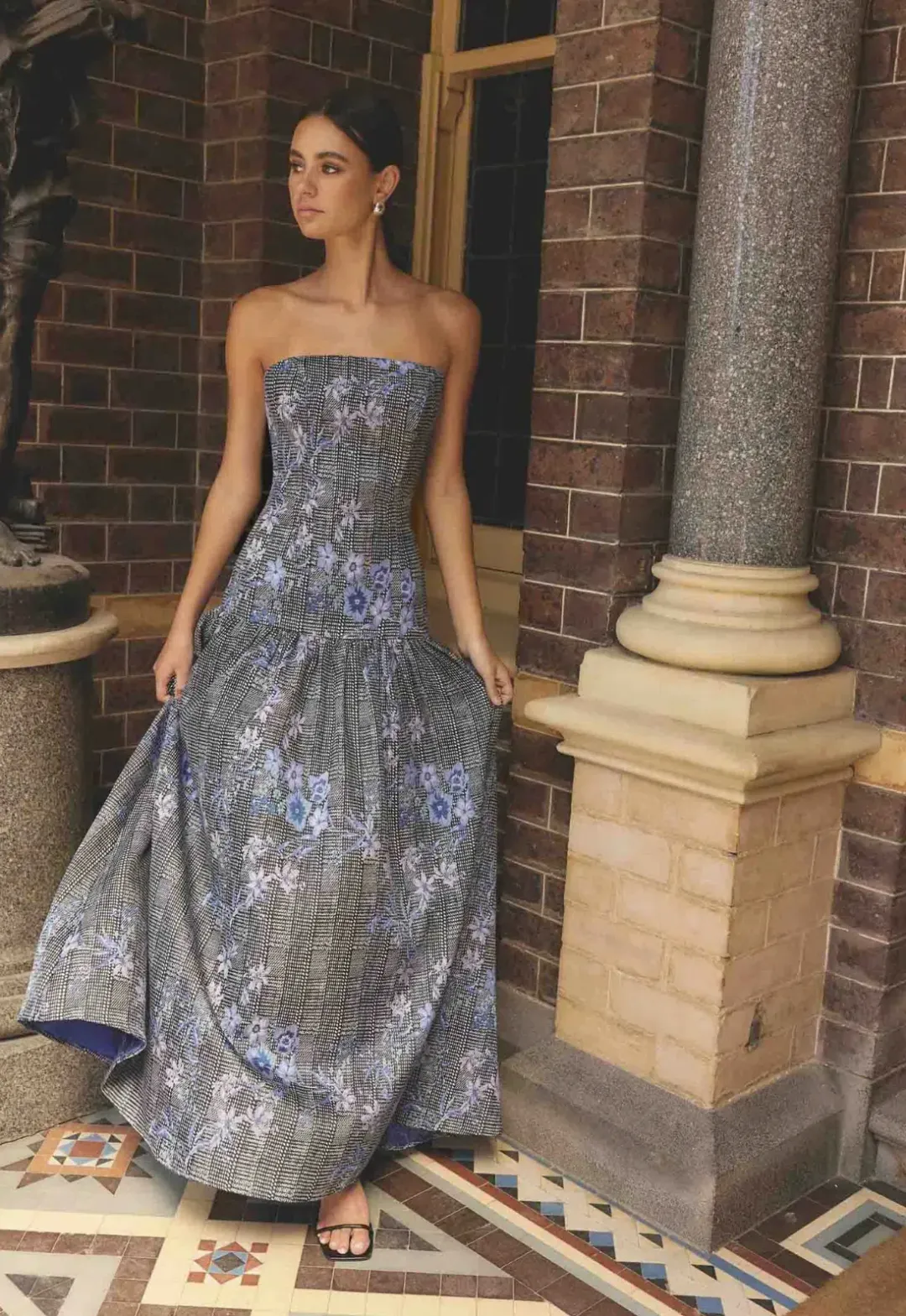 Allana Jacquard Strapless Gown in Black & Blue Floral for rent on The Volte - main image