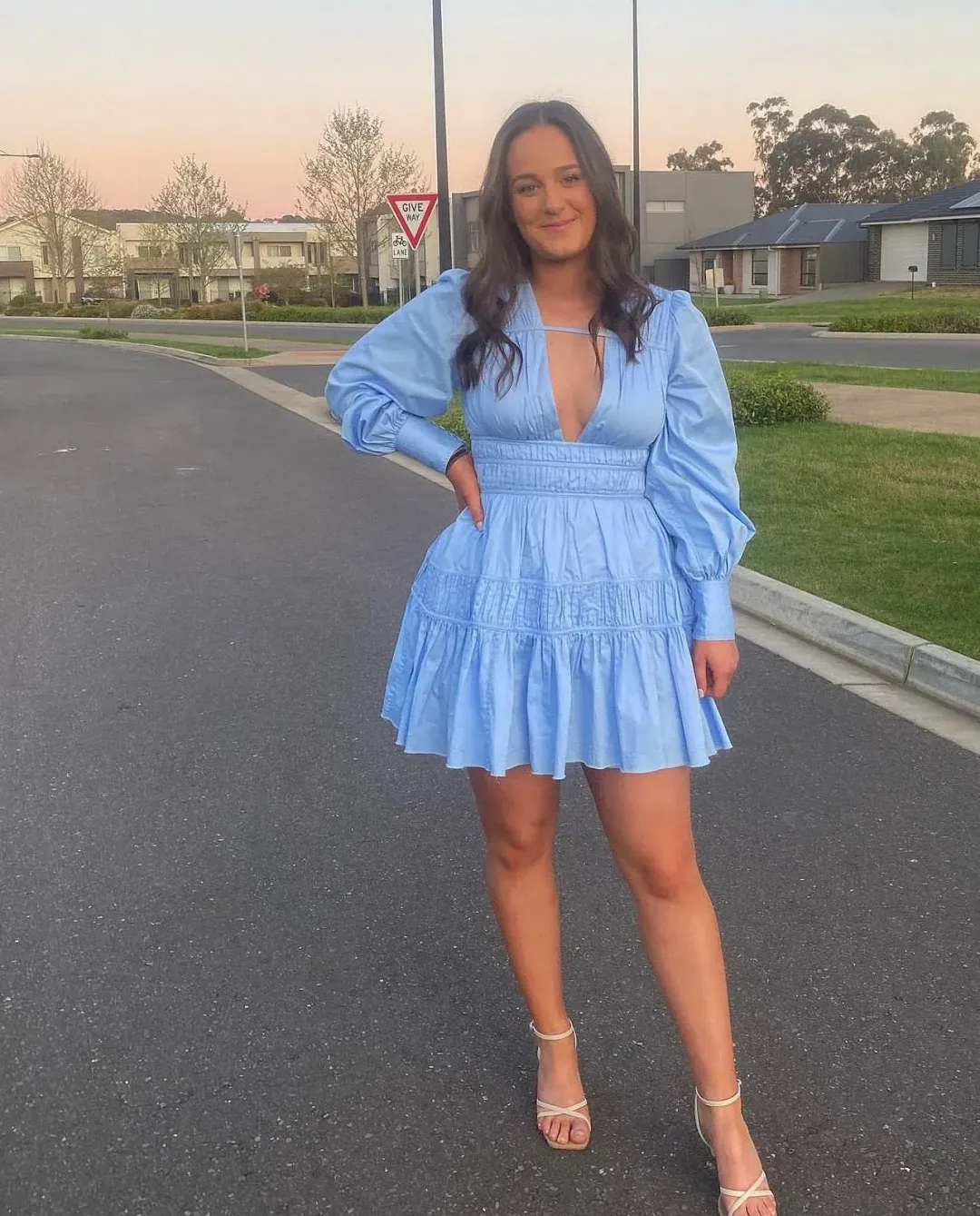 Aje Fallingwater Gathered Mini Dress size 8 Blue for rent on The Volte - main image