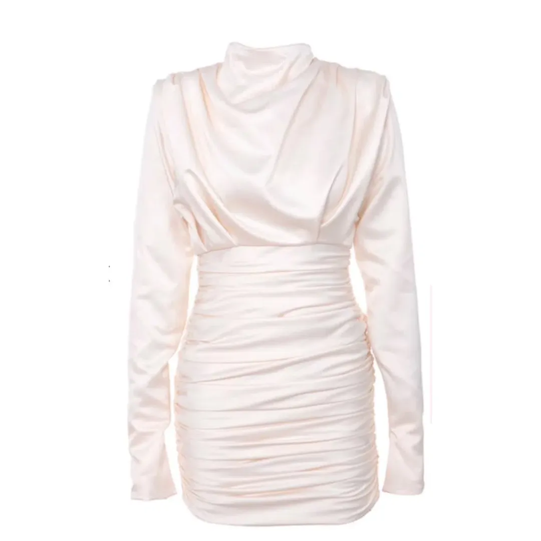 House Of CB Giorgiana Satin Draped Ruched Dress Ivory Cream 6 Extra Small XS for rent on The Volte - main image
