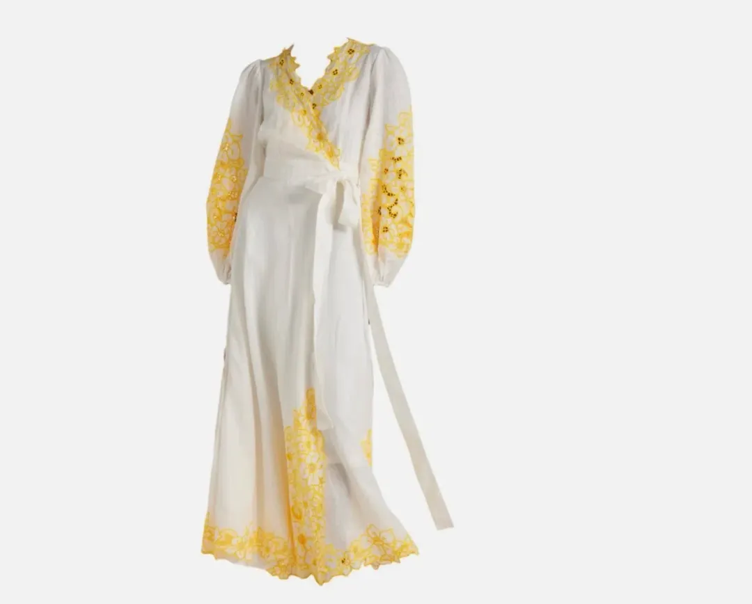 Zimmermann Golden Embroidered Midi Dress | White/Yellow, Wrap Style Size 3 /14 Anglaise, Dolman for rent on The Volte - main image