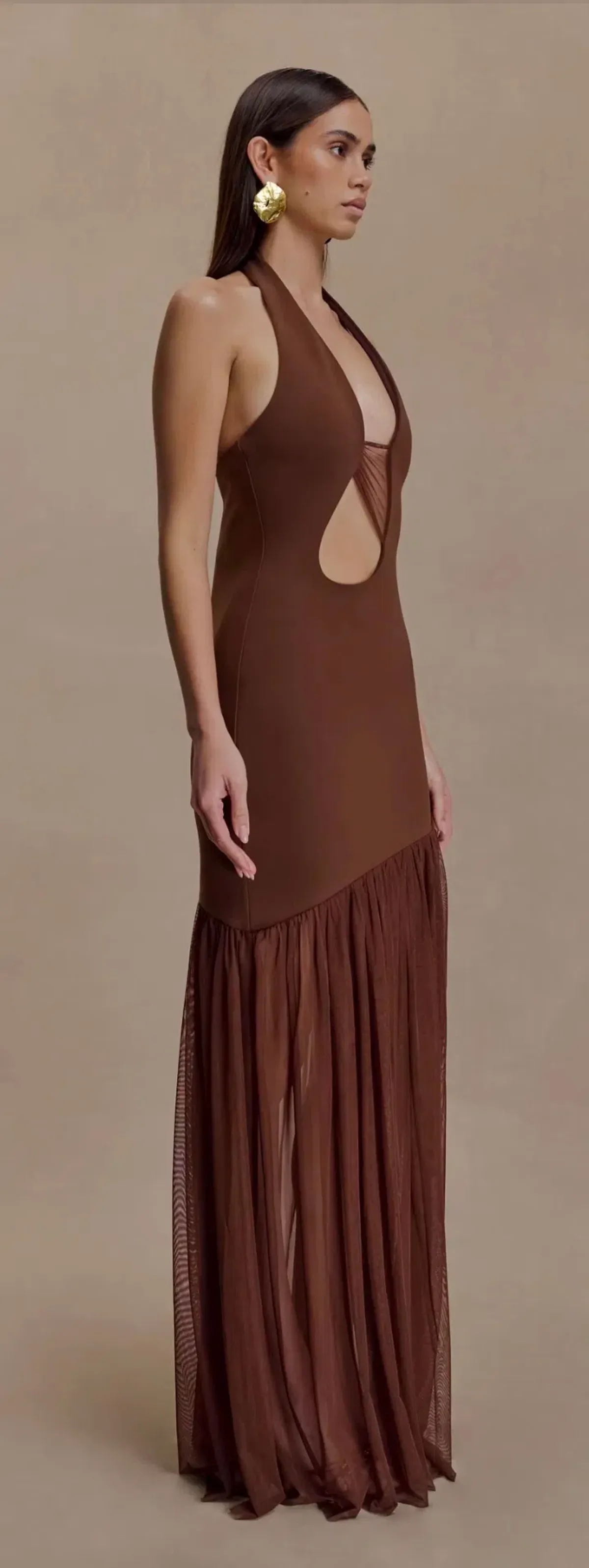 Meshki Aubree Crepe Mesh Maxi Dress - Chocolate - Image 3