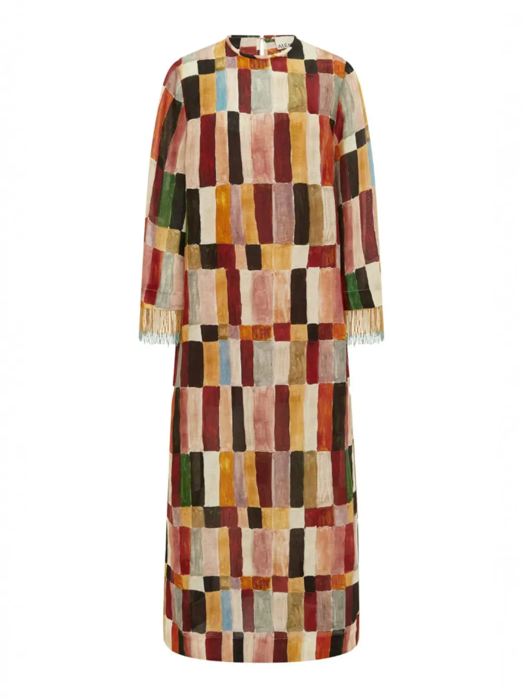 Alemais Majorelle Print Dress Size 16 Linen Silk Fringed Long Sleeve Maxi Tunic for rent on The Volte - main image