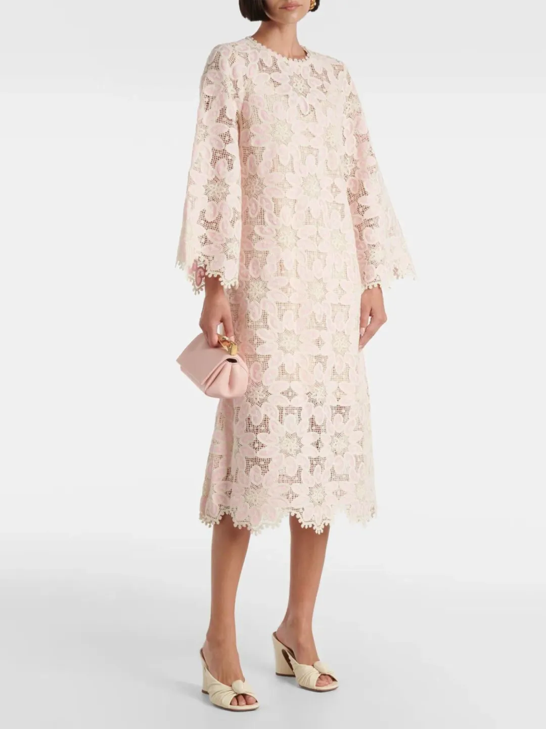 Zimmermann Ottie Baby Pink Lace Midi Dress Size 3 AU 14 / US 10 Scalloped Long Sleeve Cotton Shift for rent on The Volte - main image
