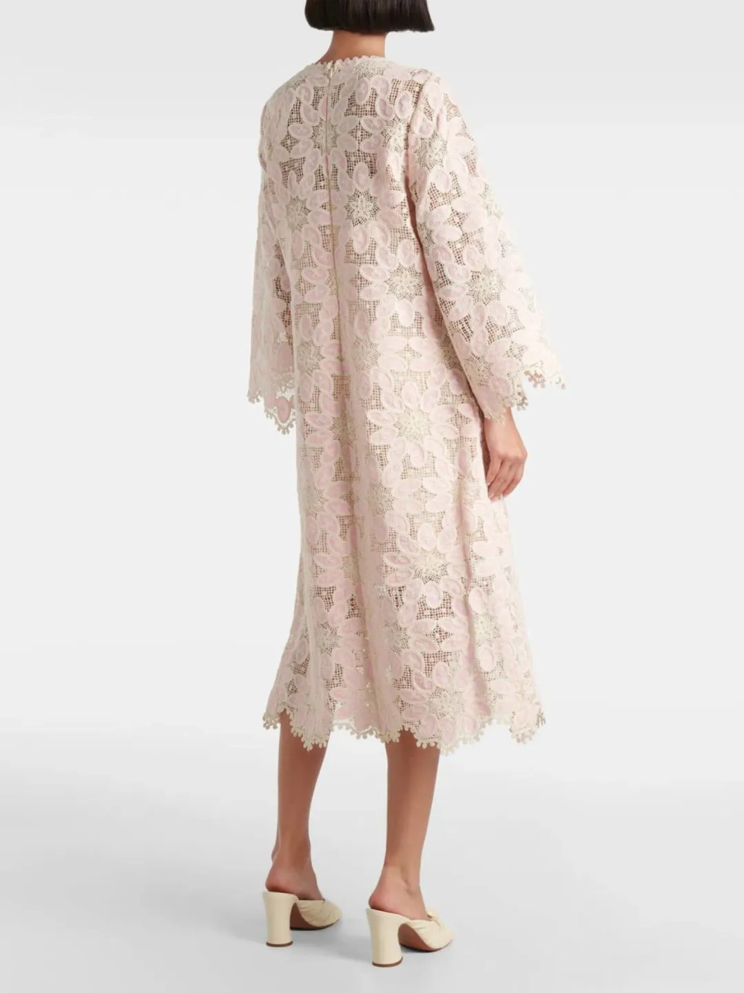 Zimmermann Ottie Baby Pink Lace Midi Dress Size 3 AU 14 / US 10 Scalloped Long Sleeve Cotton Shift for rent on The Volte - main image