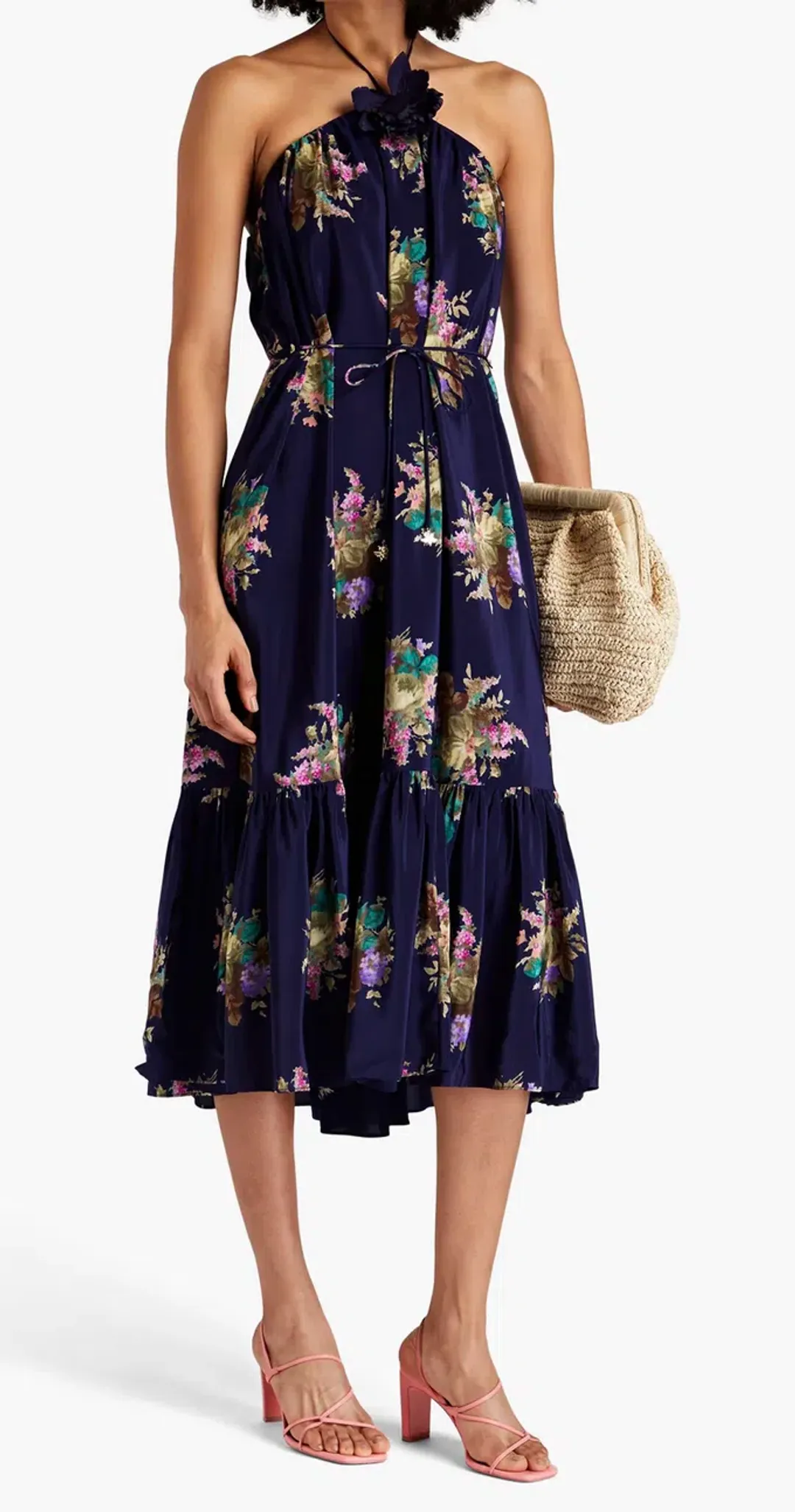Zimmermann floral-print silk-crepe de chine halterneck midi dress Navy Size 2 for rent on The Volte - main image