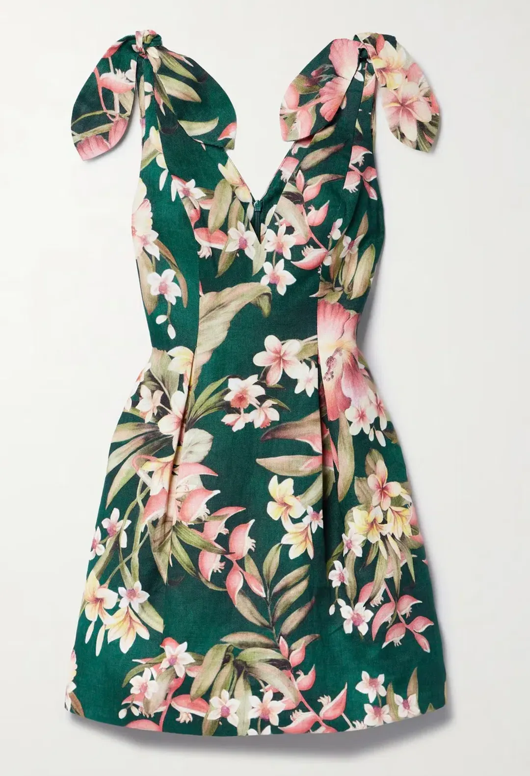 Zimmermann Lexi pleated floral-print linen mini dress Emerald Size 2 for rent on The Volte - main image