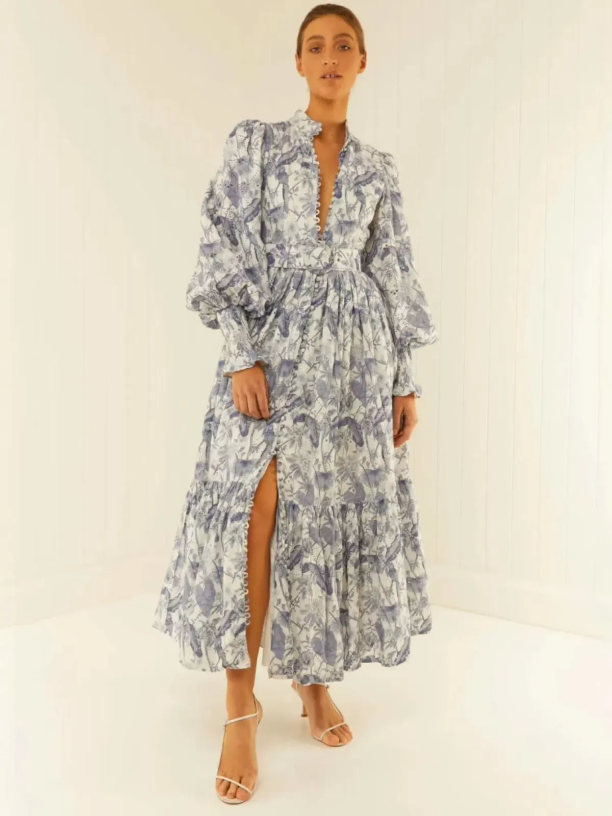 Palm Noosa Royal Flush Maxi Dress Size AU 14 Linen Jungle Blue Floral Print Long Sleeve - Image 3
