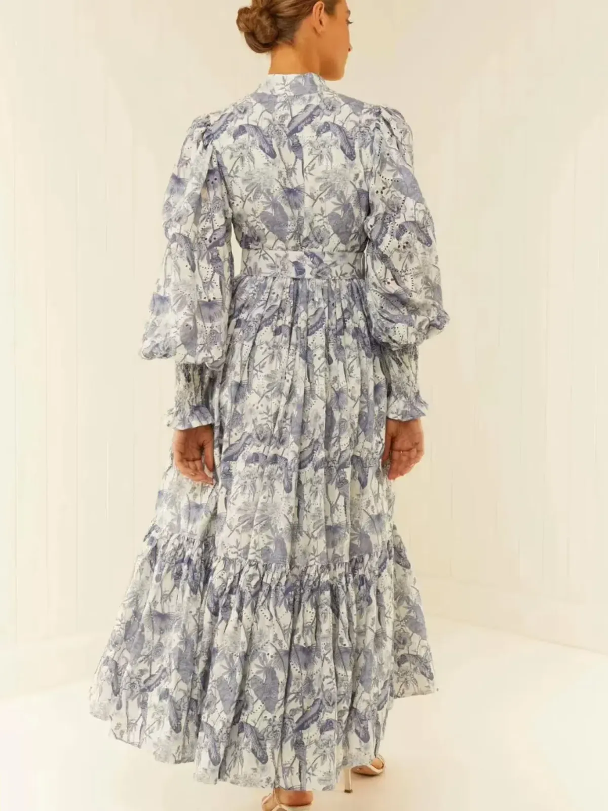 Palm Noosa Royal Flush Maxi Dress Size AU 14 Linen Jungle Blue Floral Print Long Sleeve - Image 5