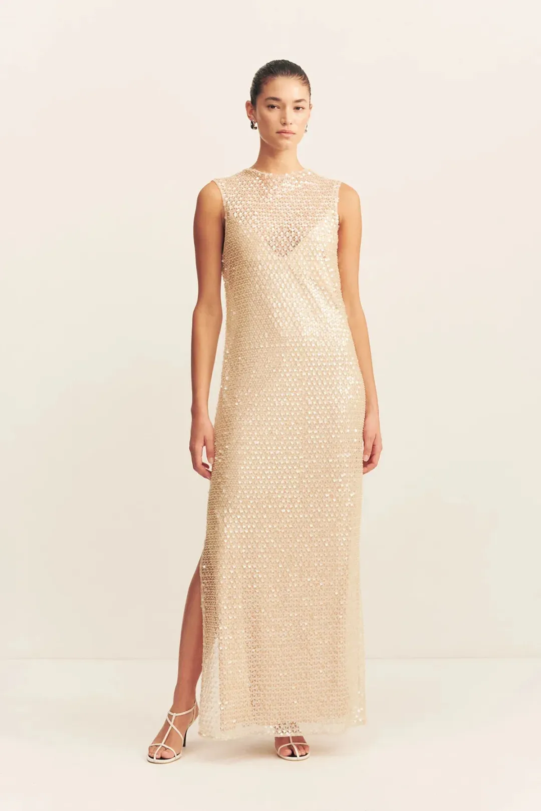 SHONA JOY EVERLY HIGH NECK SLEEVELESS MAXI DRESS MACADAMIA SIZE 14 for rent on The Volte - main image