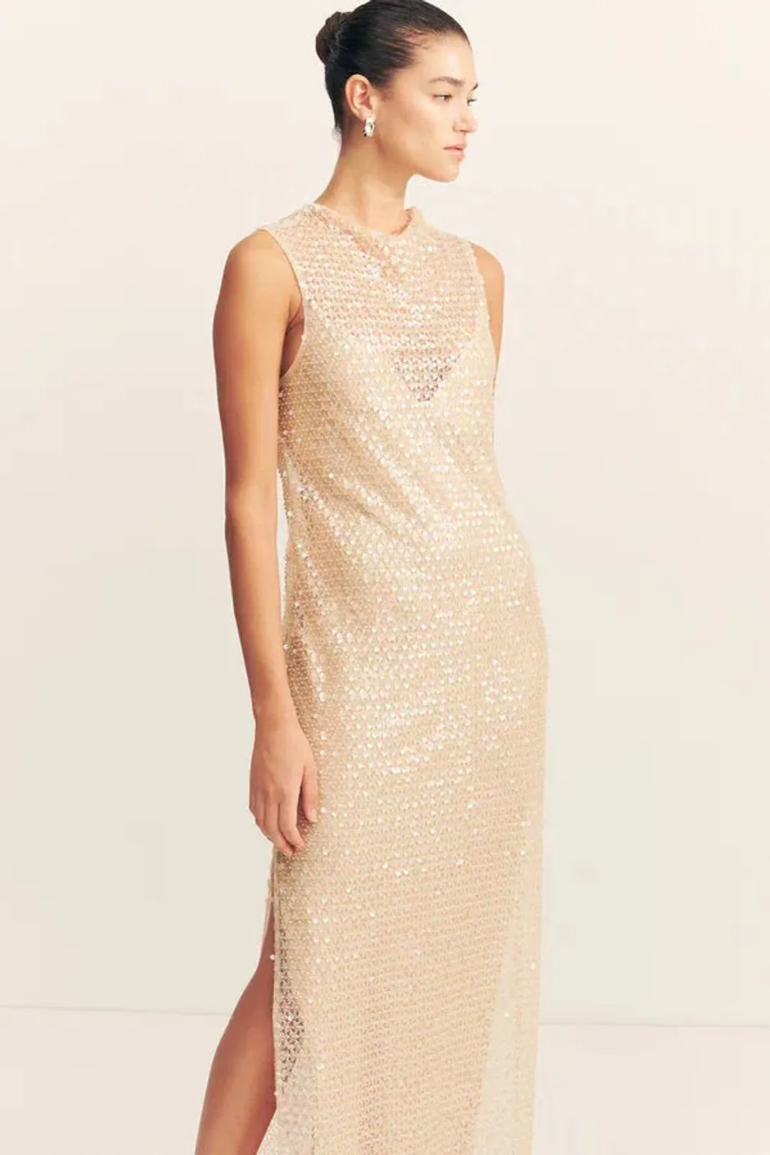 SHONA JOY EVERLY HIGH NECK SLEEVELESS MAXI DRESS MACADAMIA SIZE 14 for rent on The Volte - main image