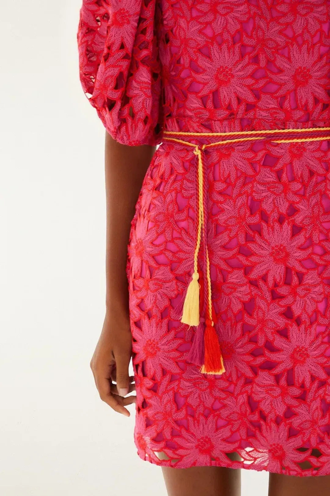 Farm Rio Pink Flowered Lace Puff Sleeve Lined Mini Dress L / AU 12 for rent on The Volte - main image