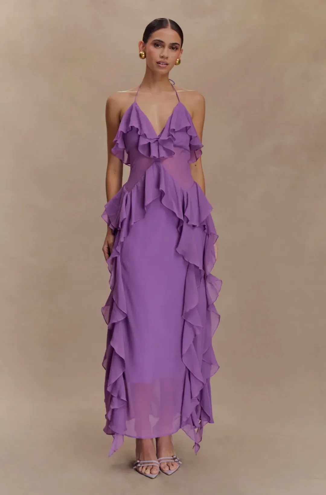 MESHKI -Aleyna chiffon ruffle midi dress for rent on The Volte - main image