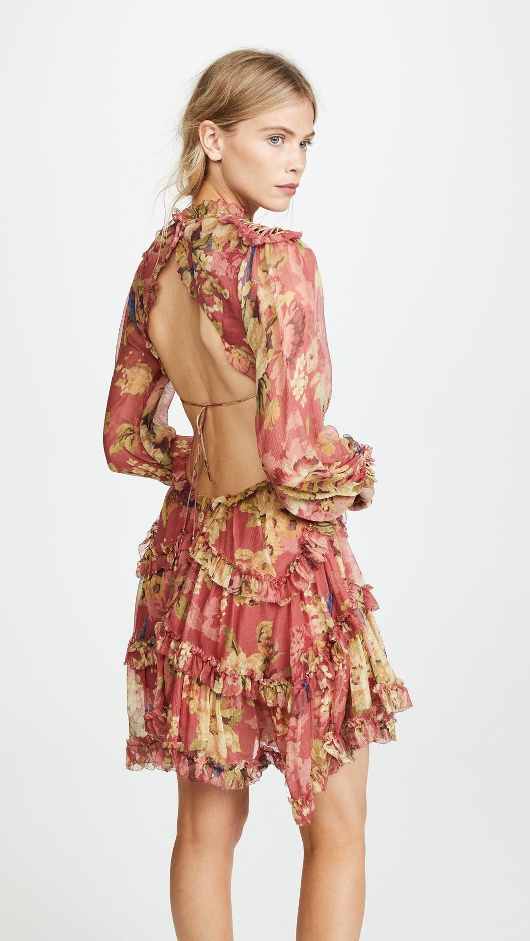 Zimmermann Melody Lace Up Short Dress Burgundy Floral Size 8 for rent on The Volte - main image