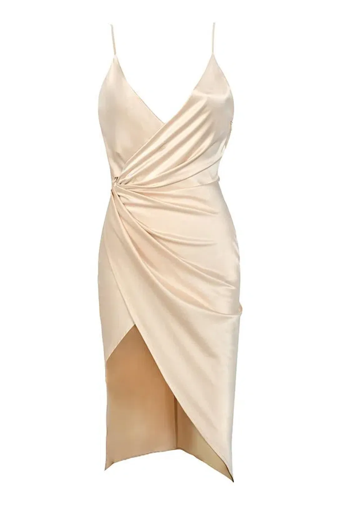 House of CB "Coco" Satin Drape Back Midi Dress Nude Size 6 for rent on The Volte - main image