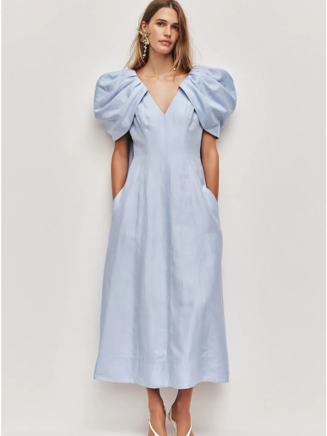 Aje Bisou Midi Dress Size AU 14 Pale Blue Puff Sleeve Gown for rent on The Volte - main image