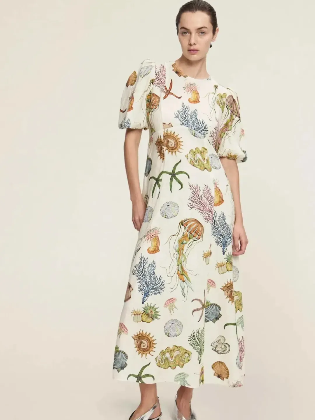 Alemais Sea Print Midi Dress Size 14 Linen Puff Sleeve Aline for rent on The Volte - main image
