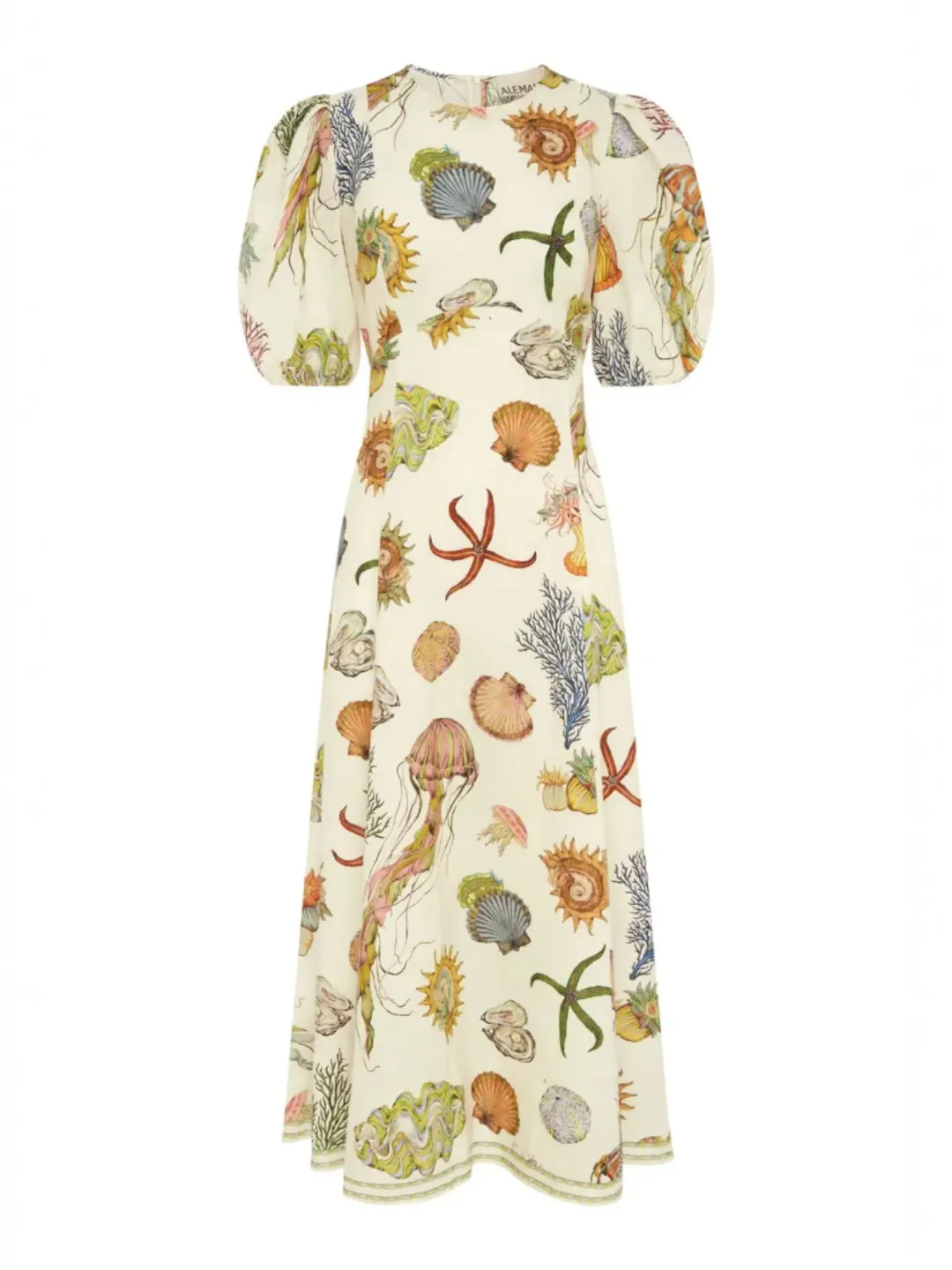 Alemais Sea Print Midi Dress Size 14 Linen Puff Sleeve Aline for rent on The Volte - main image
