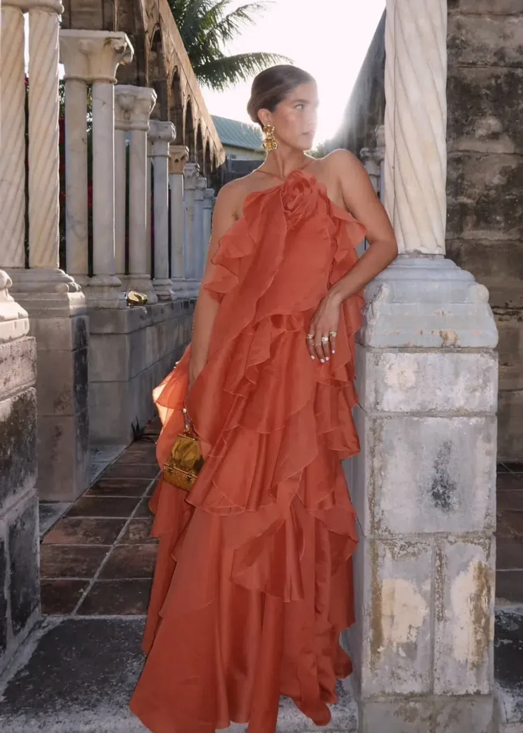 Aje Pandorea Layered Maxi Dress size 10 Coral Clay for rent on The Volte - main image