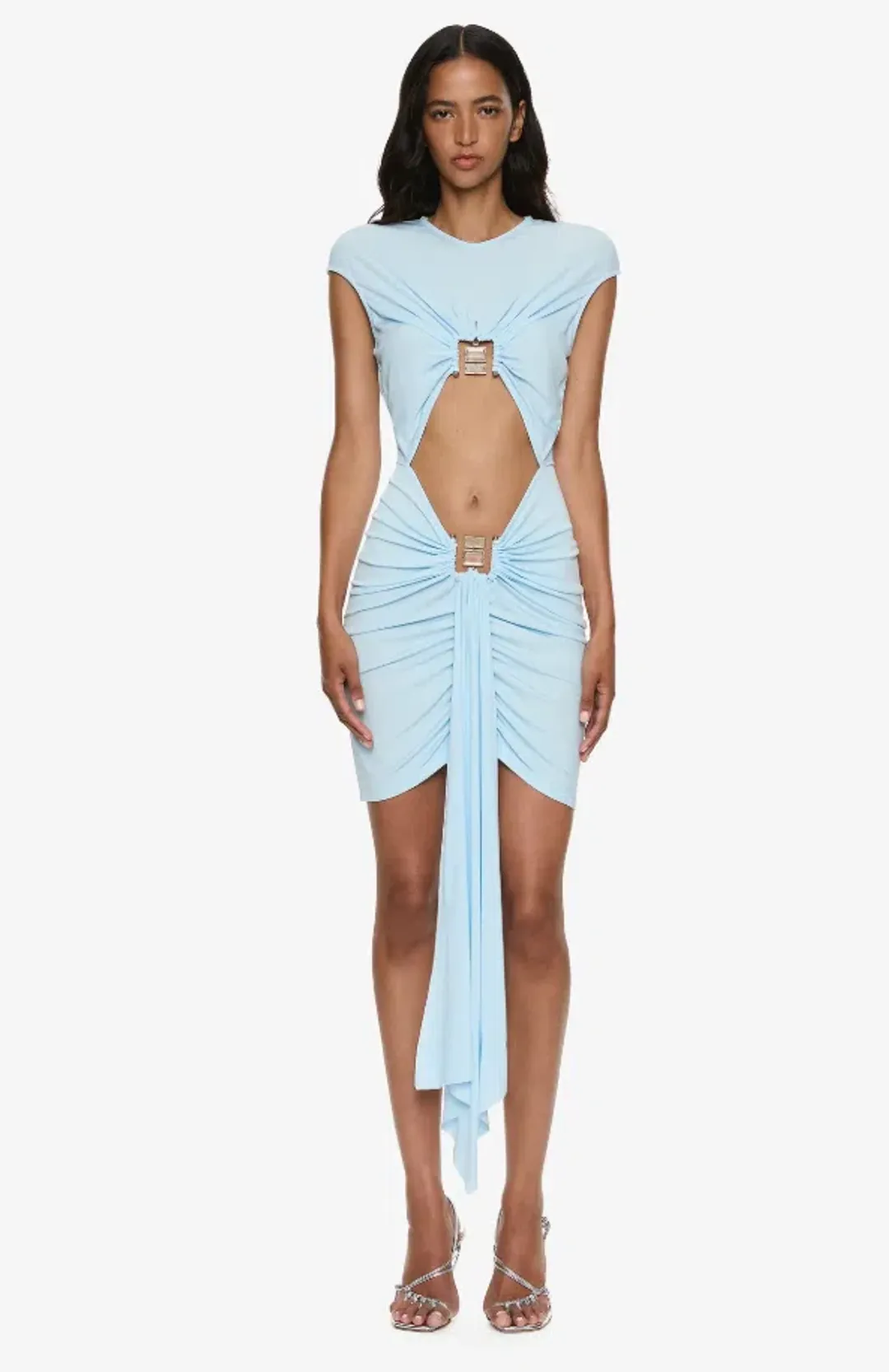 Christopher Esber Bezel Quartz Disconnect Short Sleeve Mini Dress lago blue Size 8 for rent on The Volte - main image