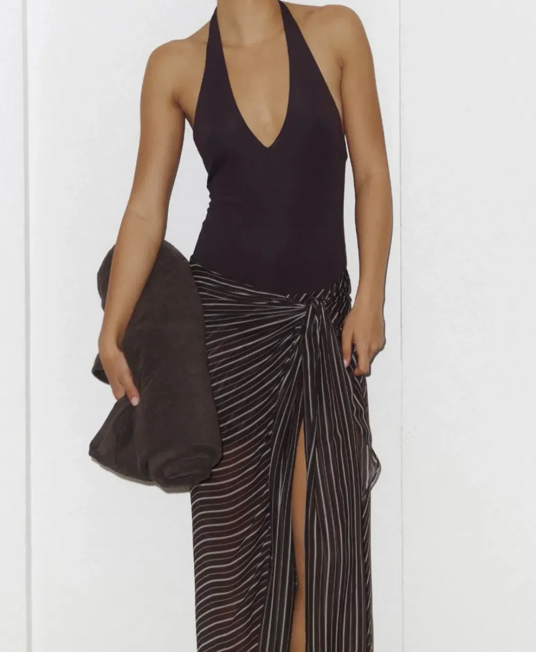 Bec + Bridge Norma halter dress - choc slice stripe for rent on The Volte - main image