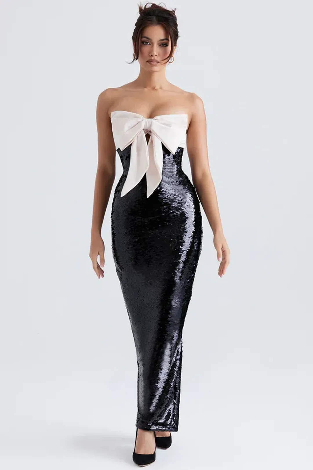 HOUSE OF CB Holly Black Sequin Strapless Bow Dress Size M for rent on The Volte - main image