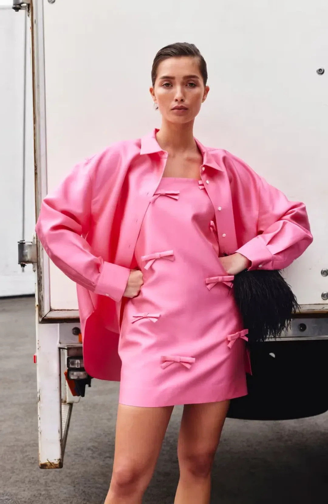 OROTON Satin Bow Mini Dress Candy Pink Size 8 AU for rent on The Volte - main image