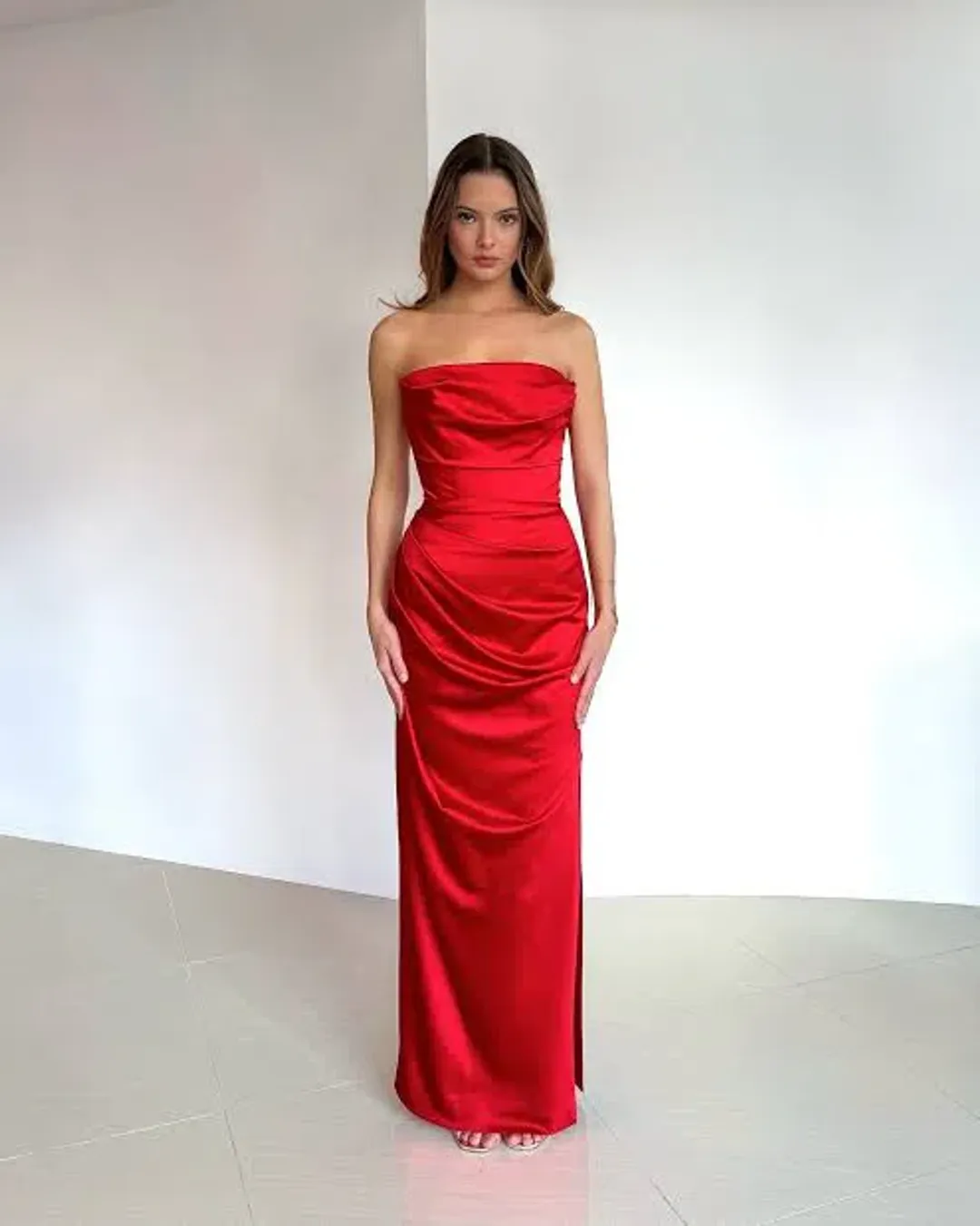 House of CB Adrienne scarlet satin strapless gown for rent on The Volte - main image