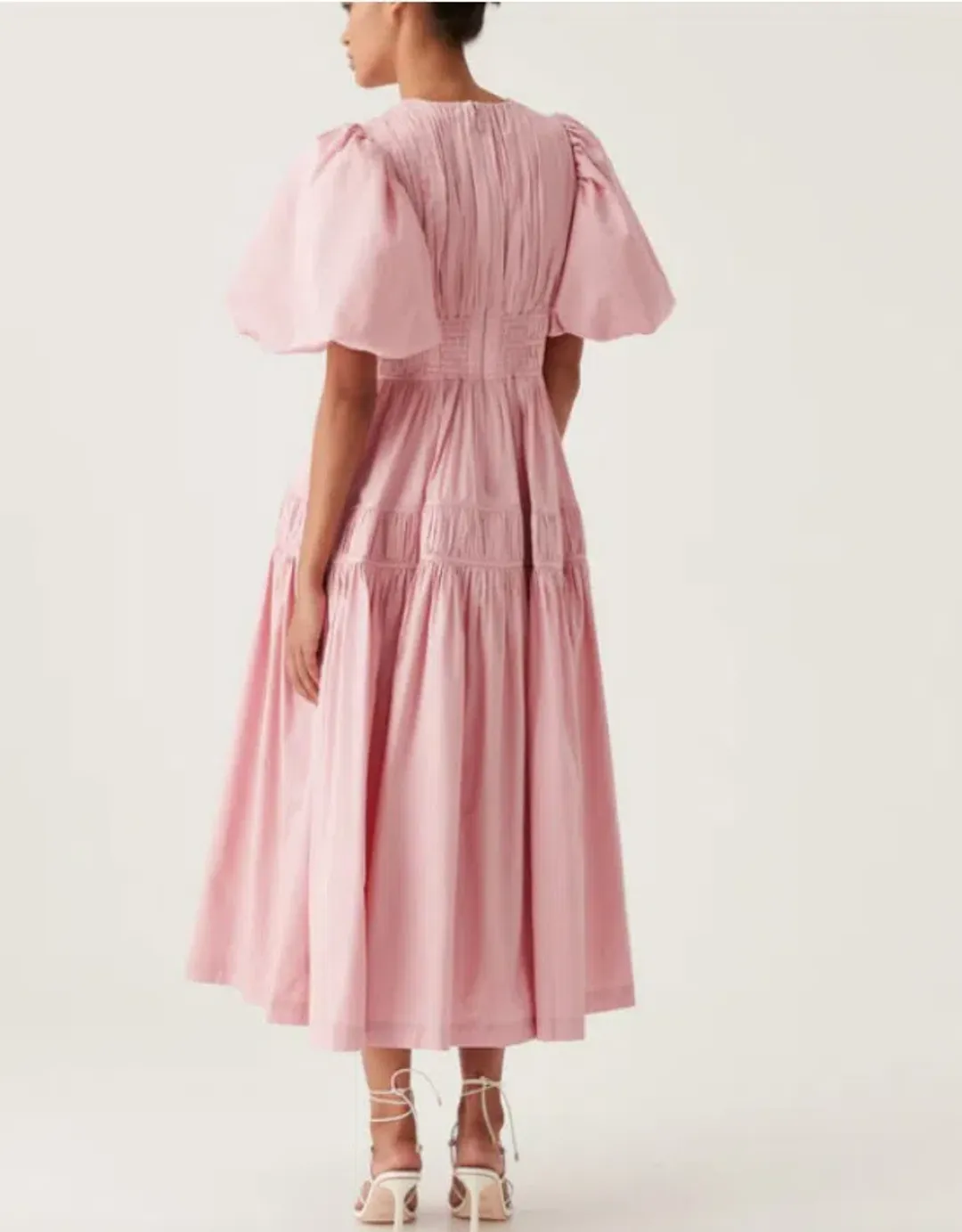Aje Fallingwater Ruched Midi Dress Pastel Pink Size AU 16 for rent on The Volte - main image