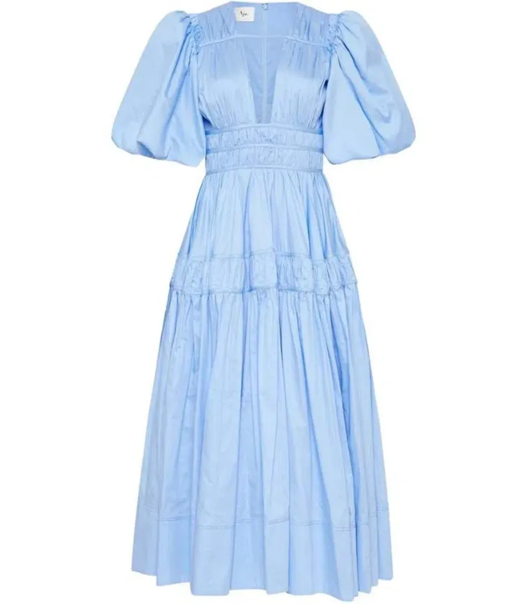 Aje Fallingwater Ruched Midi Dress Pastel Blue Size AU 12 for rent on The Volte - main image