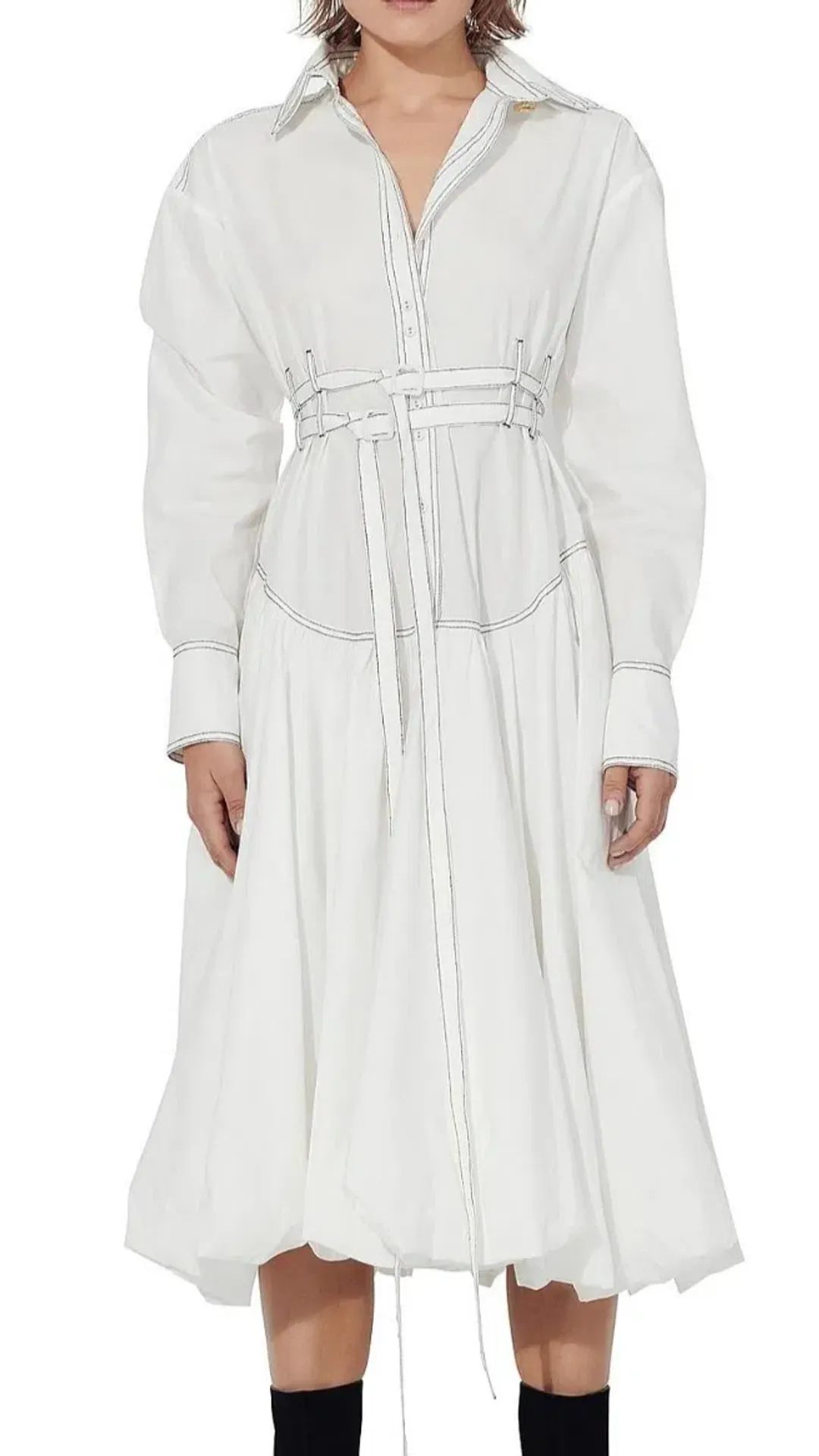 Aje Cassia Bubble White Midi Dress s.12 Hem Shirt Long Sleeve Cotton for rent on The Volte - main image