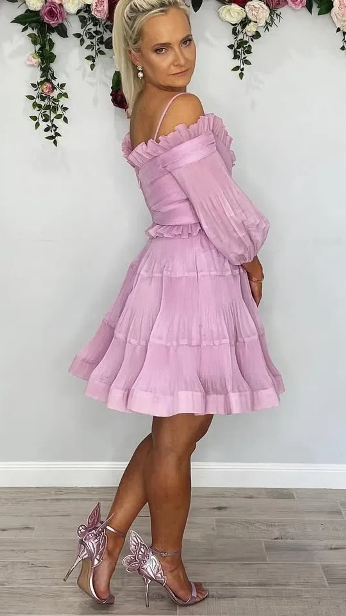 Zimmermann Pleated Off the Shoulder Mini Dress Lilac s.1 /10 - Image 8