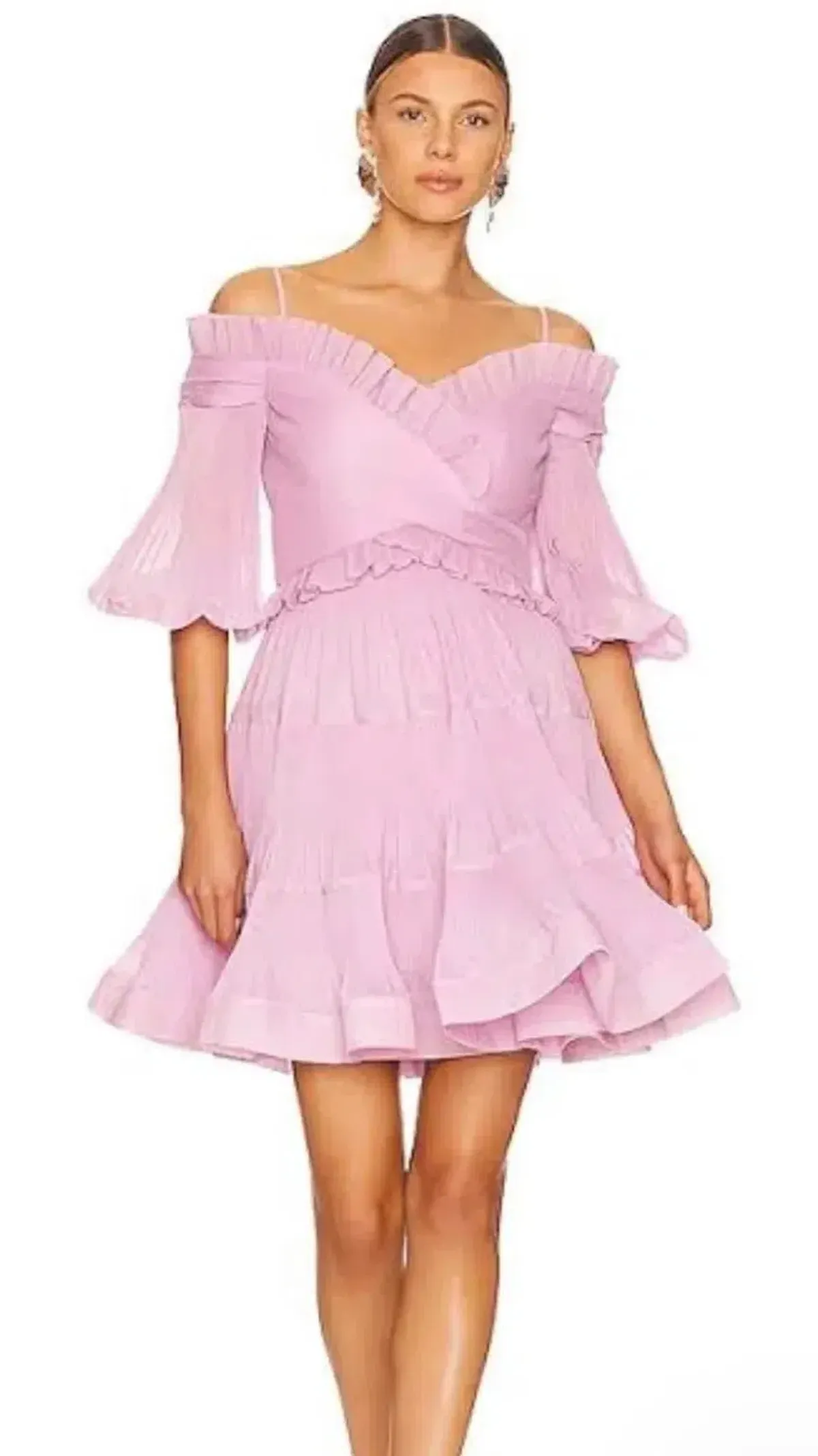 Zimmermann Pleated Off the Shoulder Mini Dress Lilac s.1 /10 - Image 6