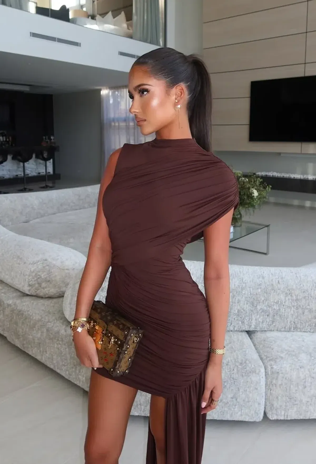 De La Vali Ravenna Mini Dress in Chocolate Brown Jersey Size XS - Image 3