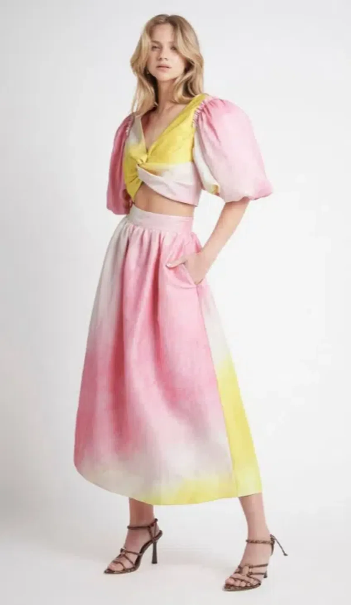 AJE Cloud Burst Cropped Top & Midi Skirt Set Ombre Pink & Yellow SZ 10  - Image 6