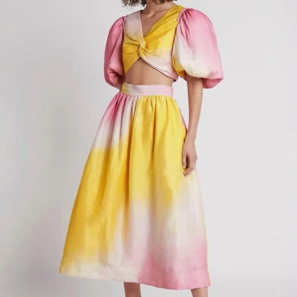 AJE Cloud Burst Cropped Top & Midi Skirt Set Ombre Pink & Yellow SZ 10  - Image 2
