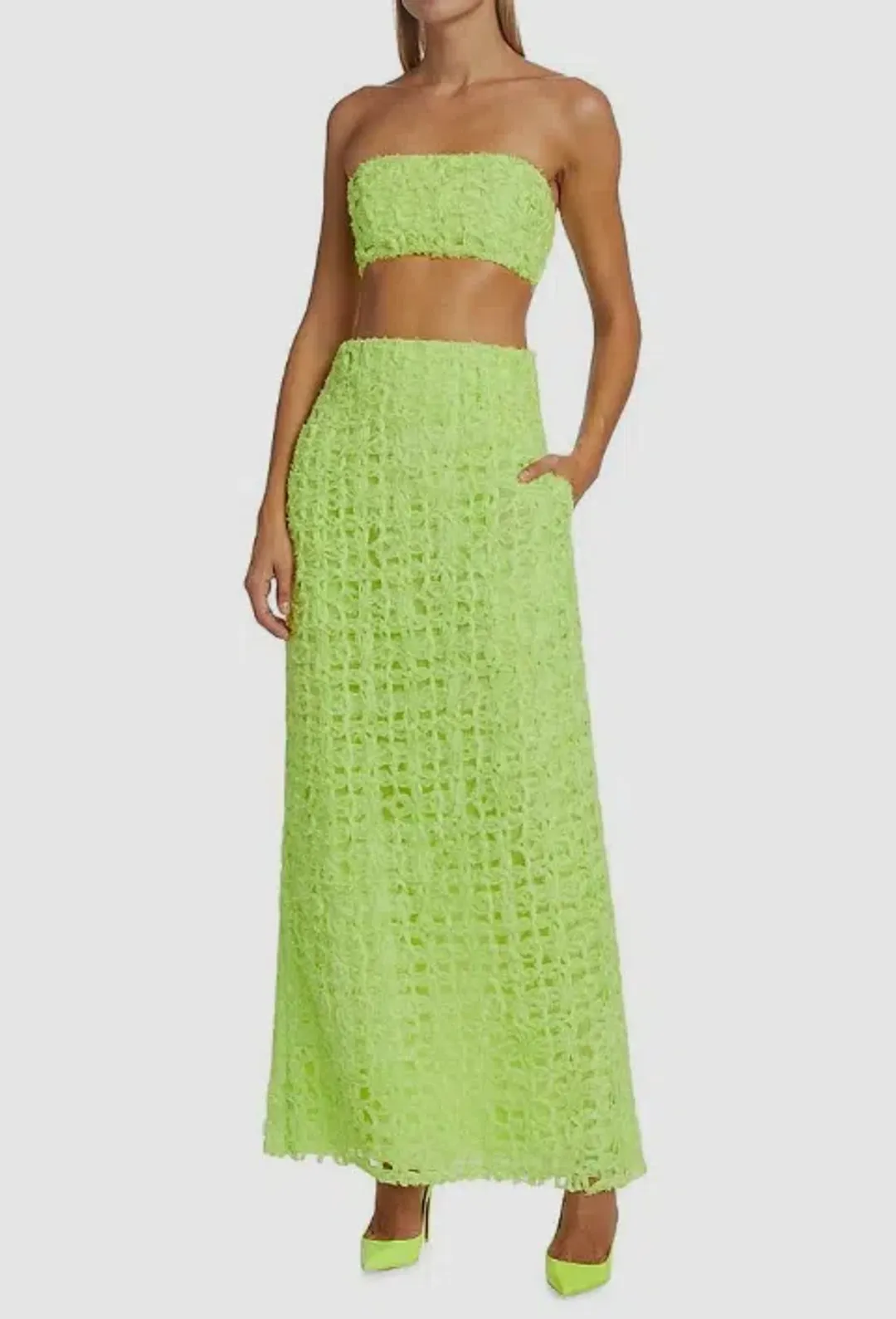 AJE Quintette Lattice Chiffon Bandeau Top & Skirt Set Lime Green SZ 8  for rent on The Volte - main image