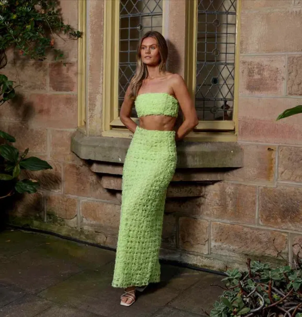 AJE Quintette Lattice Chiffon Bandeau Top & Skirt Set Lime Green SZ 8  - Image 8