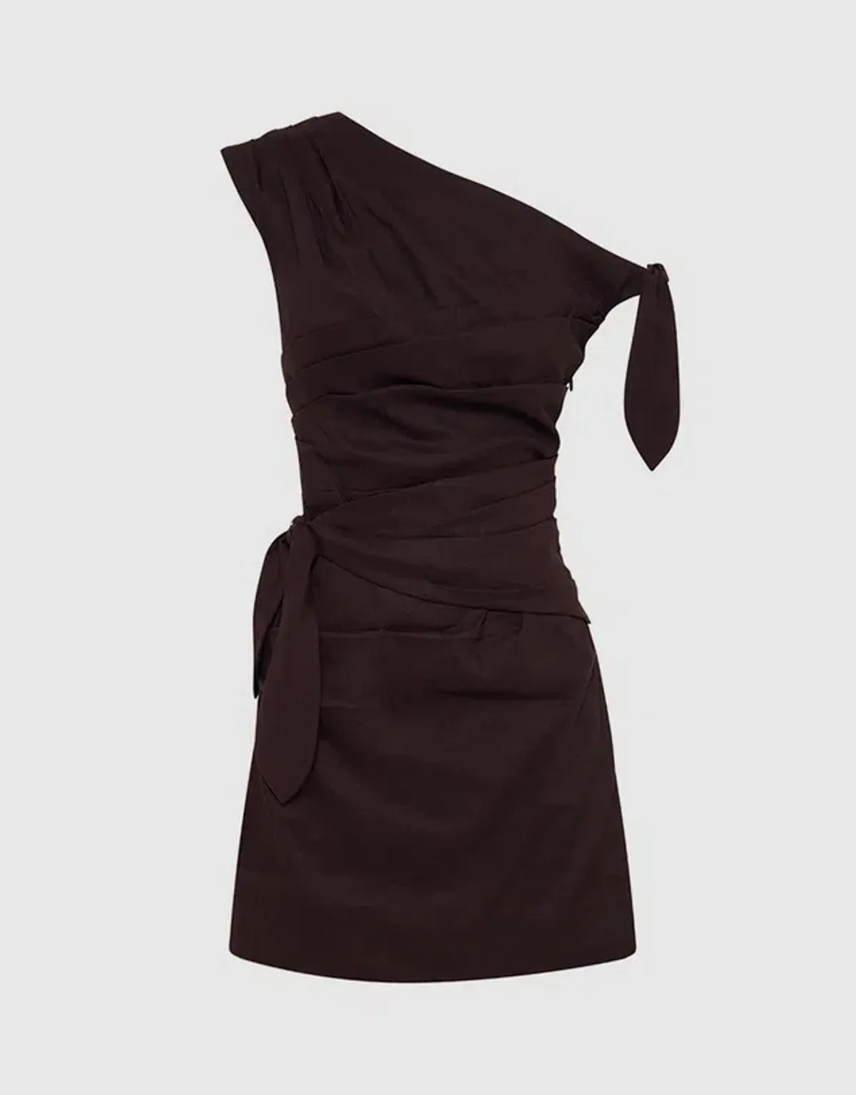 Shona Joy Brooks Asymmetrical Tie Mini Dress in Ganache - size 6 - Image 1
