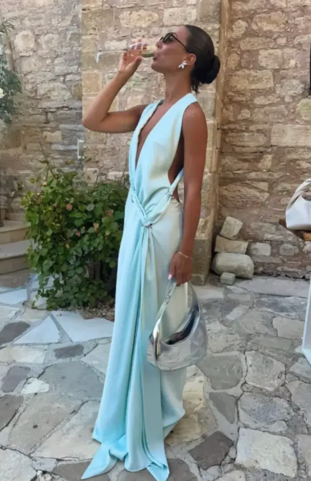 Misha Collection "The Harlow" Satin Dress - Ice Blue - Maxi Open Back Size Small S 8 (6 - 10) for rent on The Volte - main image