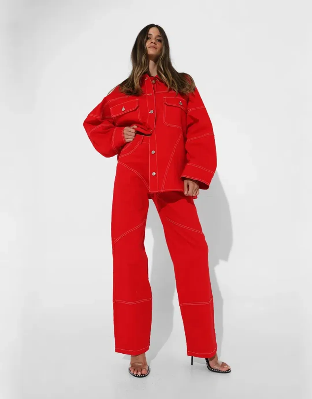 BY.DYLN Cooper Jacket & Cyrus Jeans Red Size 8 for rent on The Volte - main image