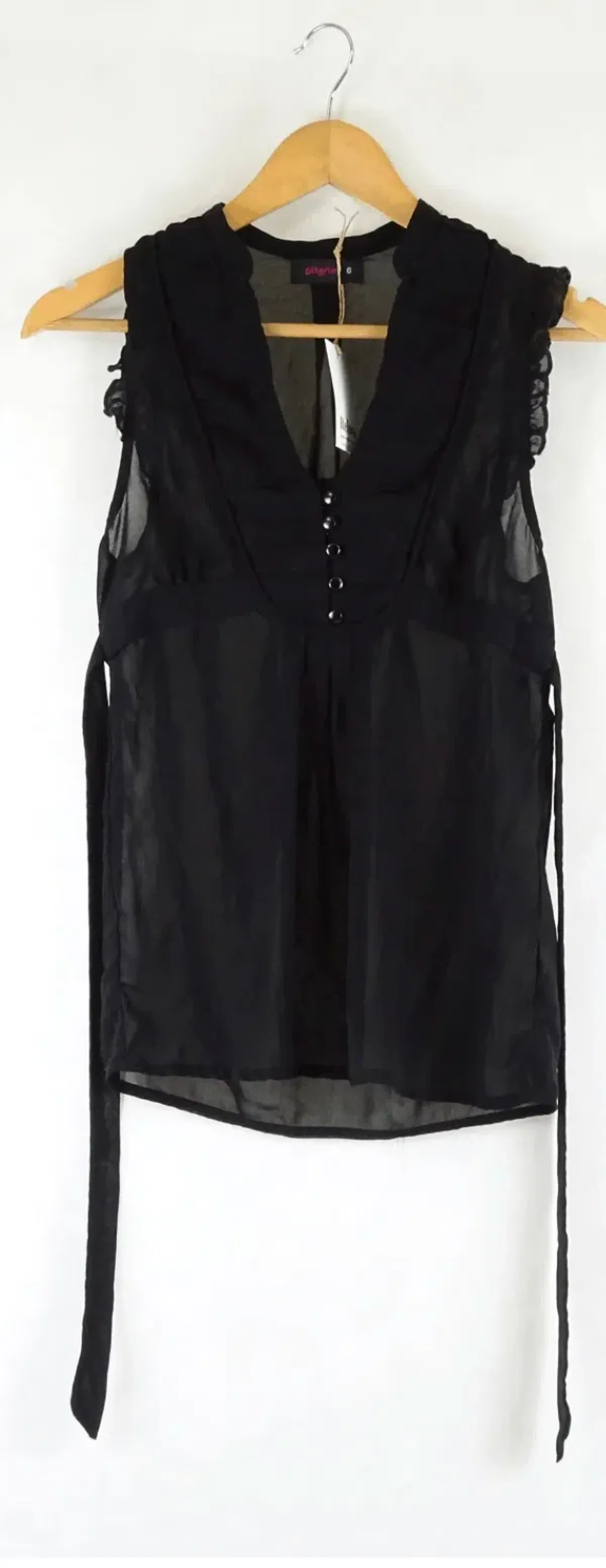 Pilgrim Size 6 Black Sheer Sleeveless Ruffle Blouse with Tie Waist - Image 1