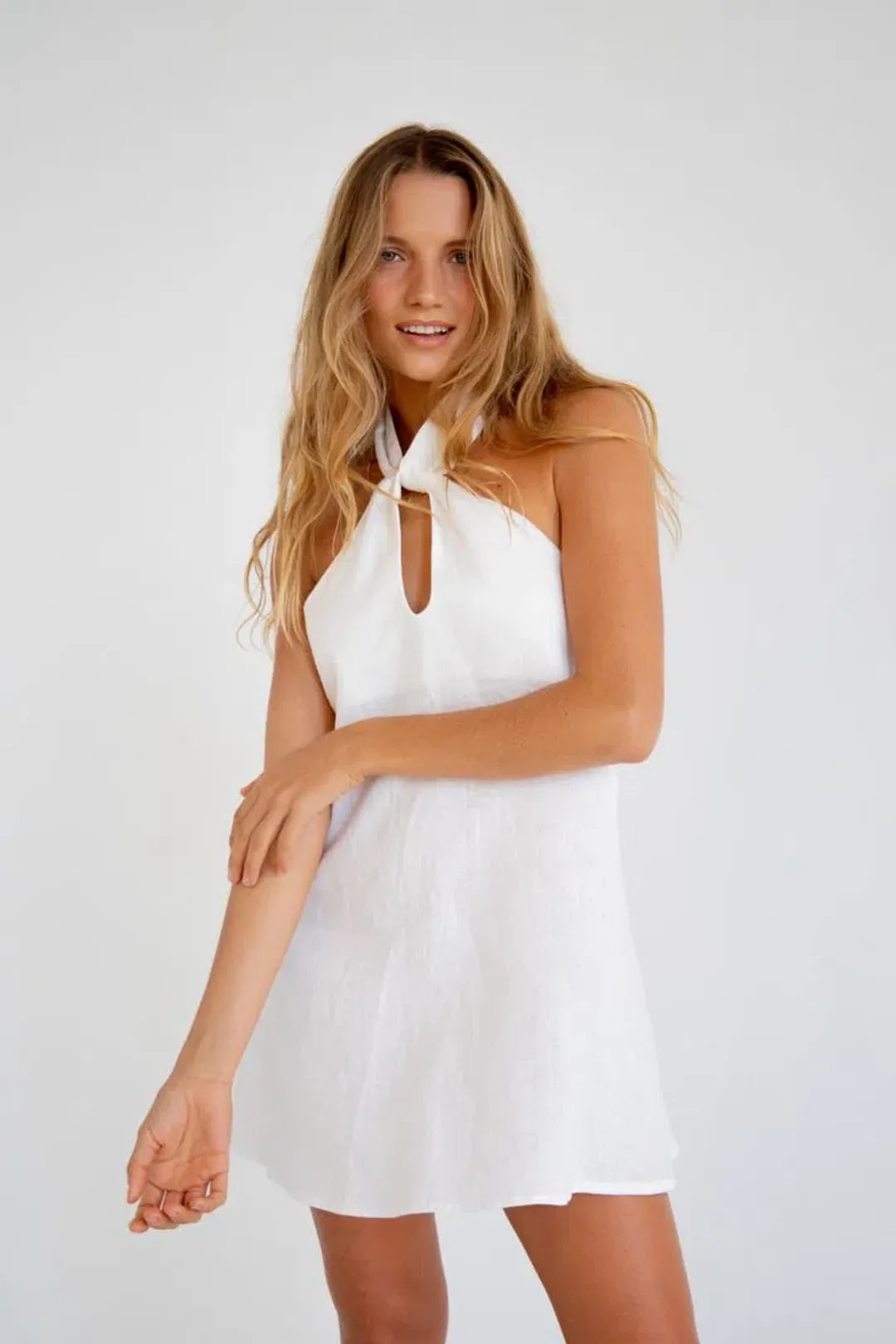 VRG GRL Natassia Linen Halter Mini Dress White for rent on The Volte - main image