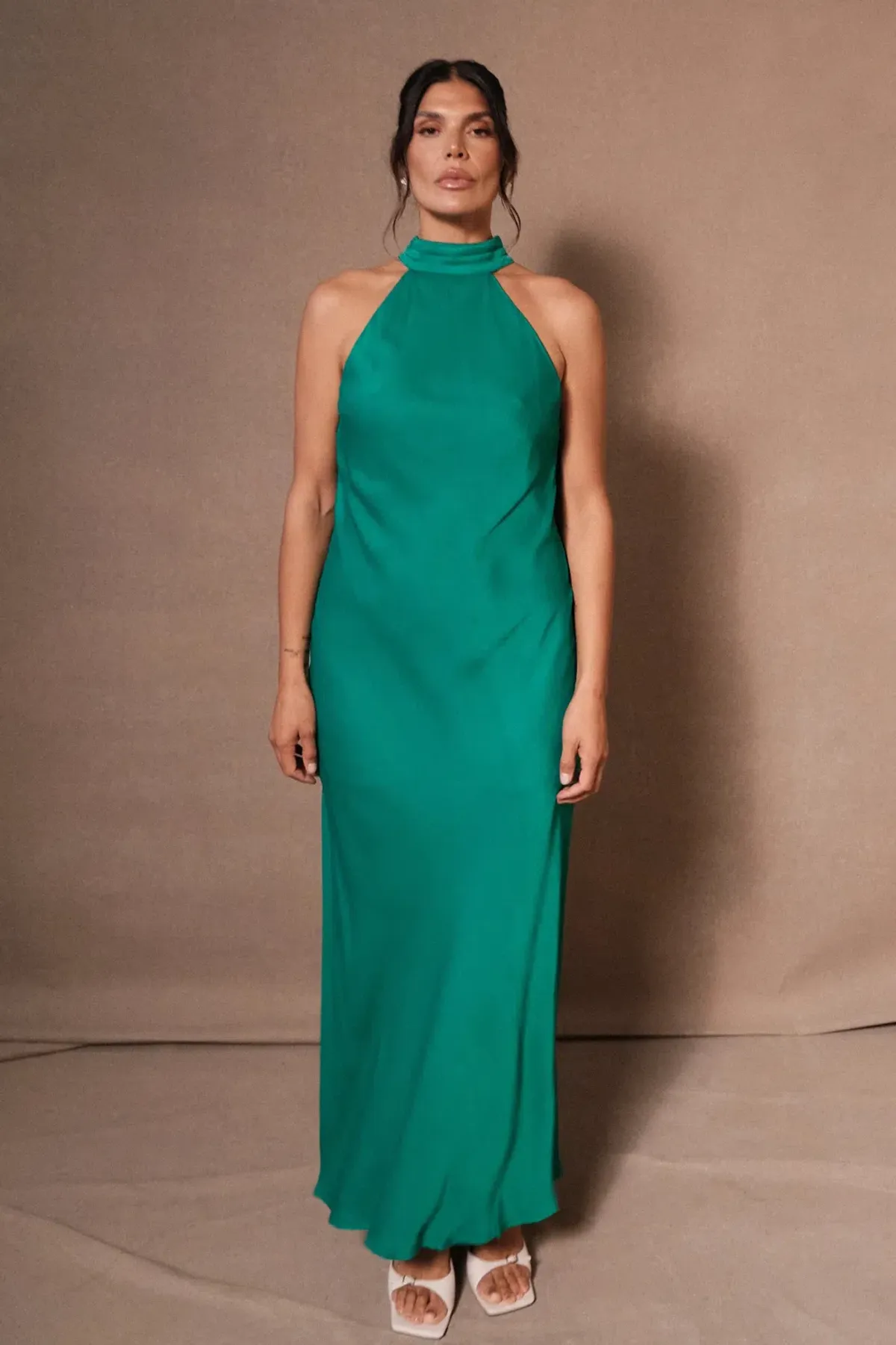 Claire Satin Drape Back Maxi Dress with Split - Green - Image 1