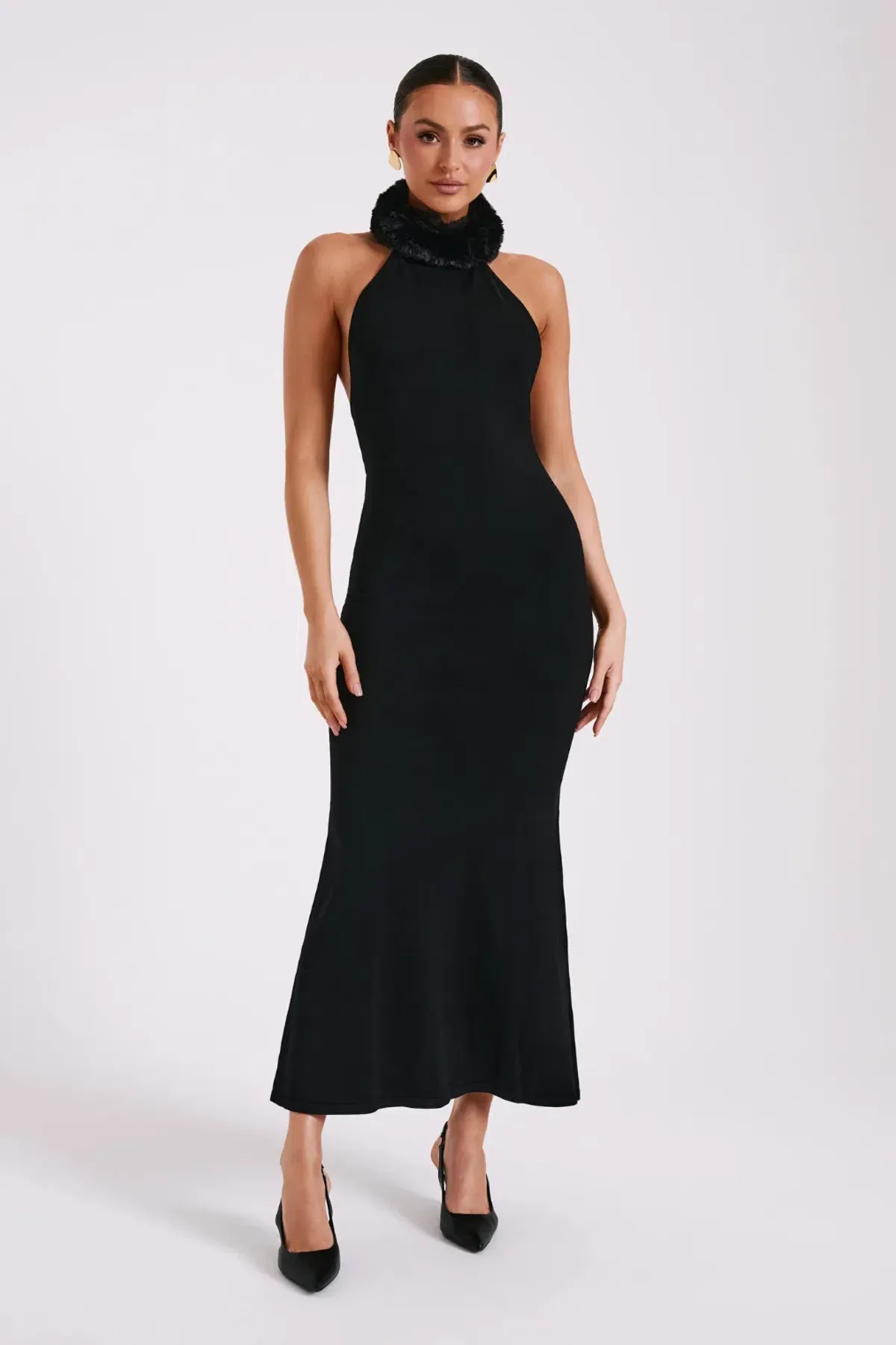 Elva Halter Knit Maxi Dress With Faux Fur - Black - Image 1