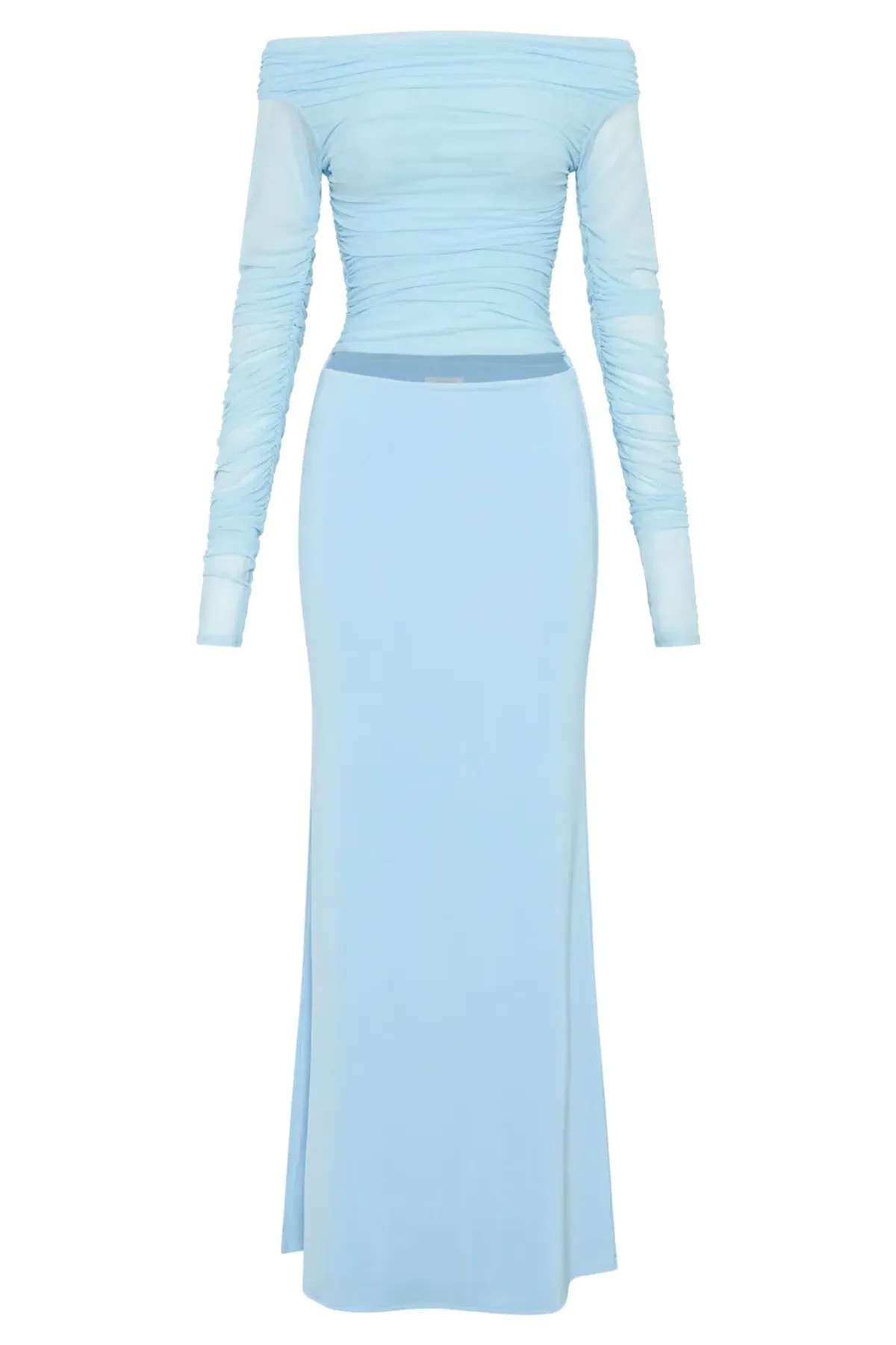 Darla Mesh And Slinky Off Shoulder Maxi Dress - Sky Blue - Image 4
