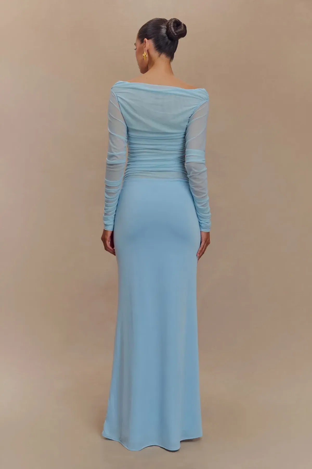 Darla Mesh And Slinky Off Shoulder Maxi Dress - Sky Blue - Image 2