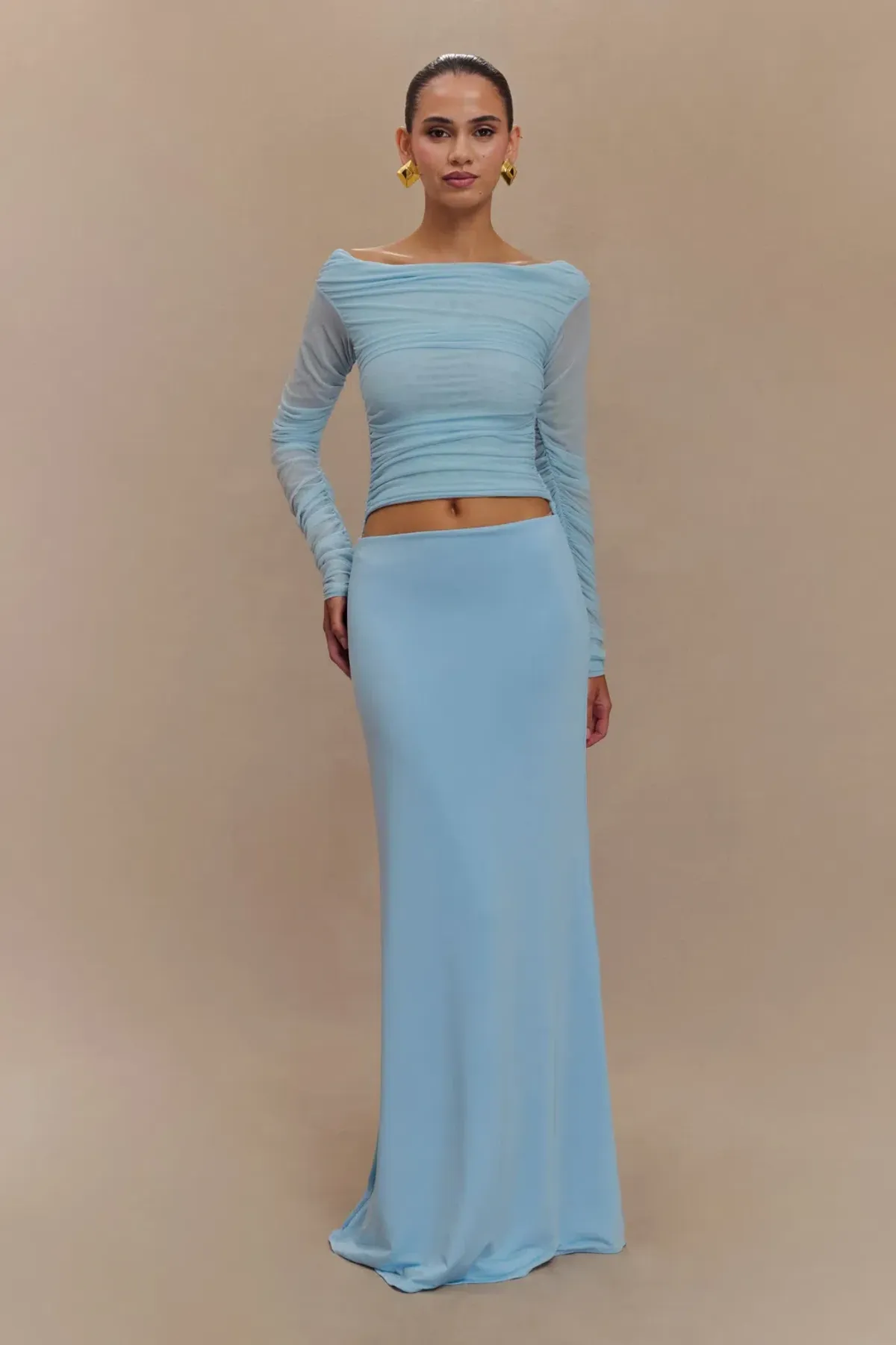 Darla Mesh And Slinky Off Shoulder Maxi Dress - Sky Blue - Image 1
