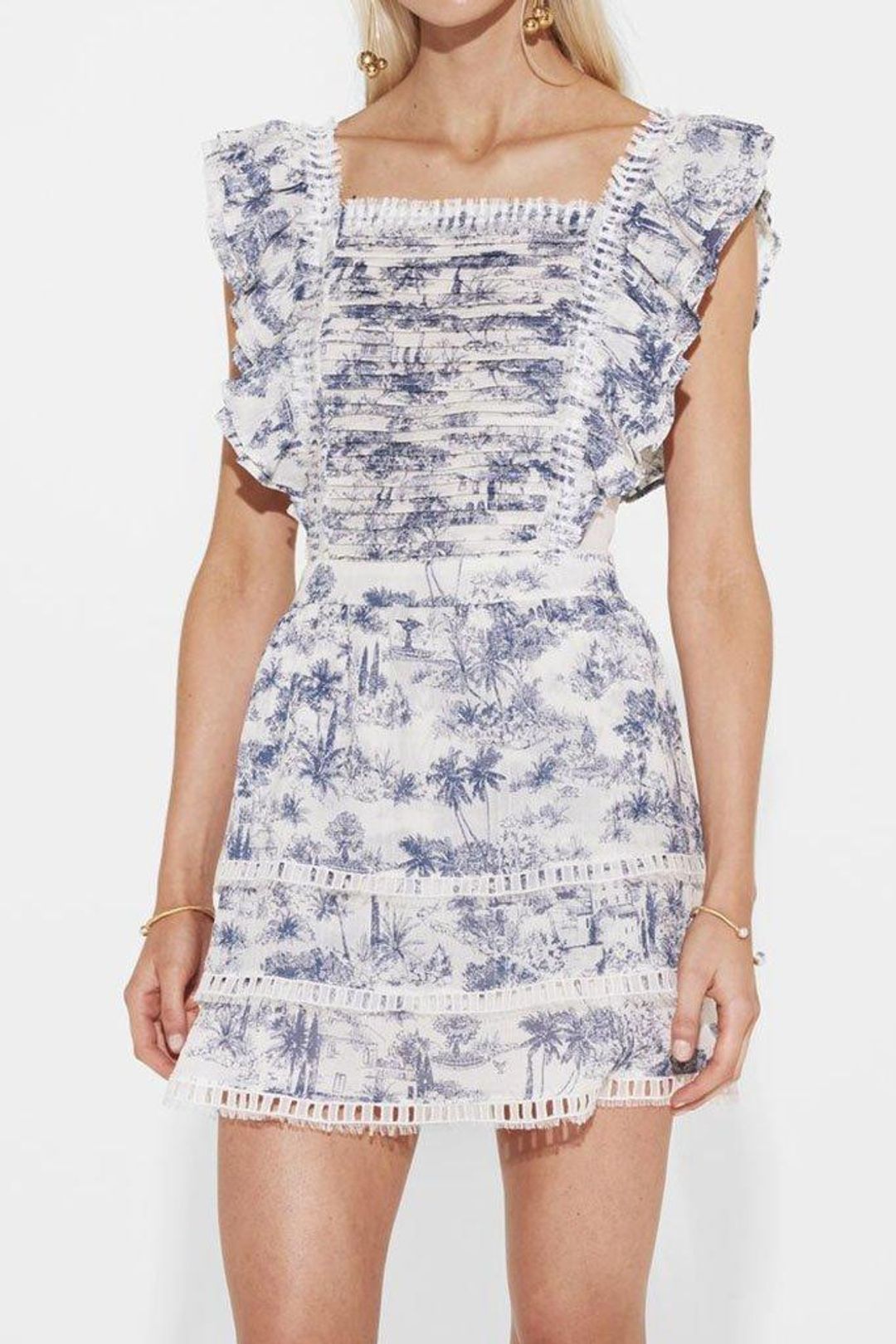 Sir The Label Dahlia Linen Ruffle Mini Dress Blue Palm Tree Print | AU 6 for rent on The Volte - main image