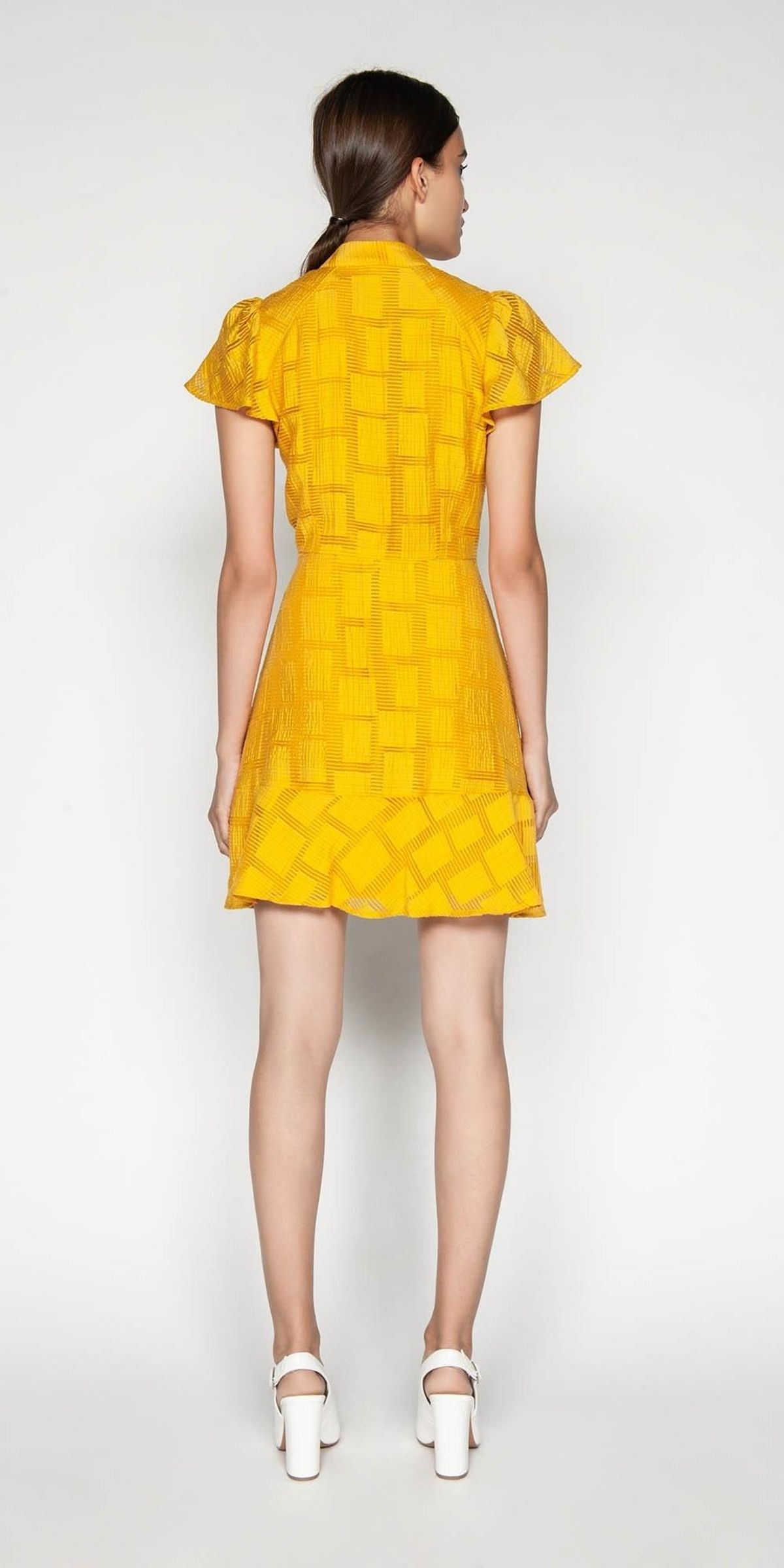 Cue Burnout Jacquard Fluted Sleeve Dress Yellow Size 14 - Image 2