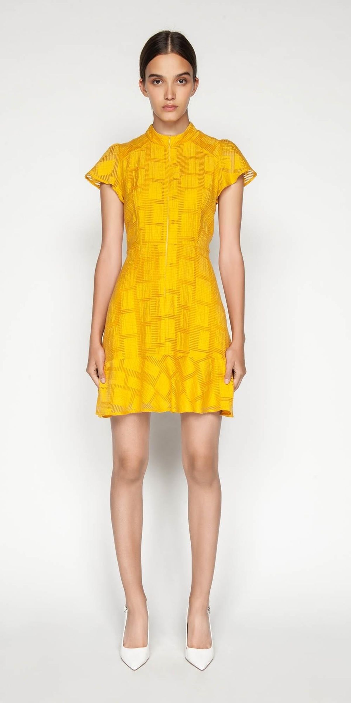 Cue Burnout Jacquard Fluted Sleeve Dress Yellow Size 14 - Image 1